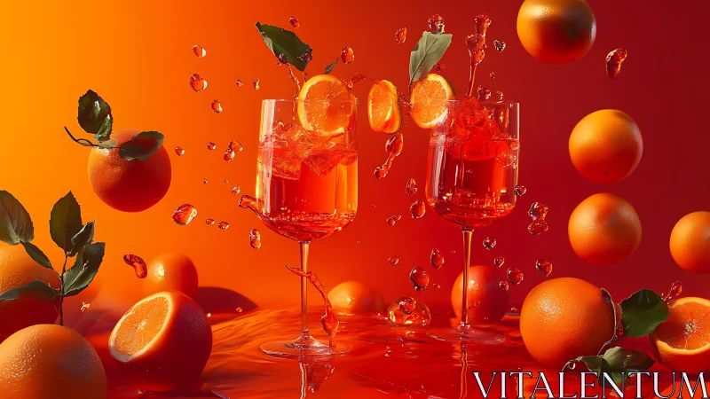 Orange juice cocktail with citrus fruits splashing against red gradient background