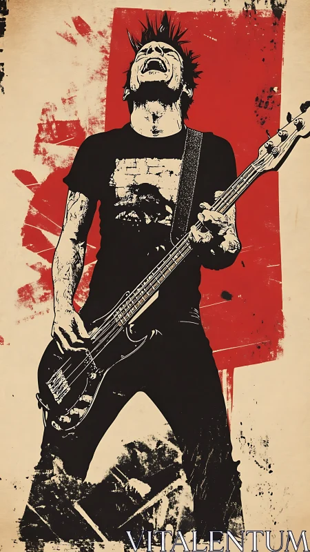 Punk rock bassist screams upward while playing electric bass
