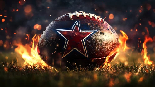 Close-up of burning American football with bold star logo.