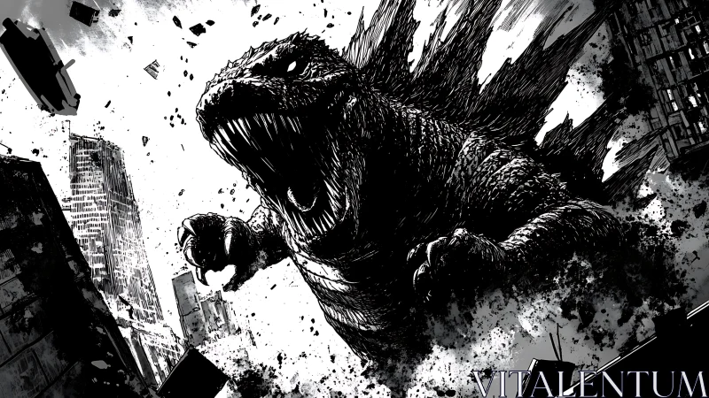 Giant reptilian creature in monochrome urban destruction scene.