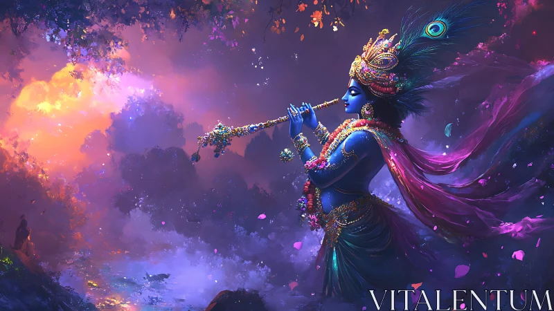 Divine blue figure playing flute in luminous twilight forest.