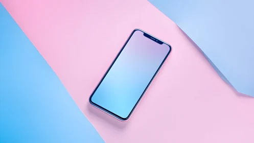 Modern smartphone on pastel blue and pink background, minimal style.