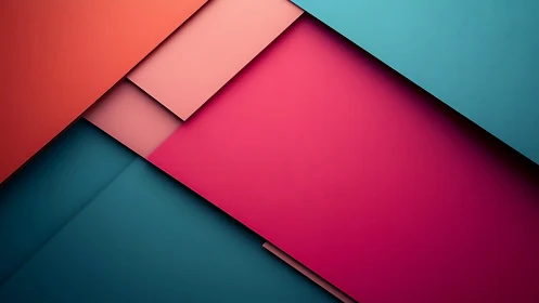Layered geometric panels in teal, pink, and coral tones.