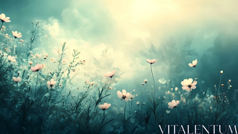 Ethereal wildflower meadow rendered in soft atmospheric light