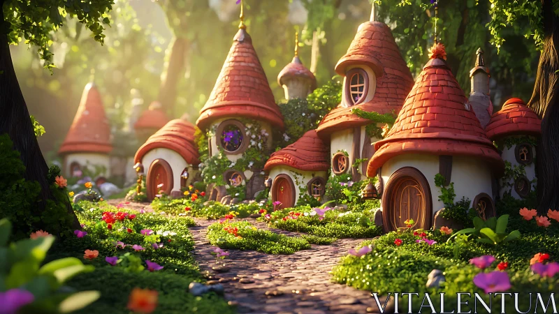 Sunlit fairy hamlet where crooked rooftops whisper dreams.