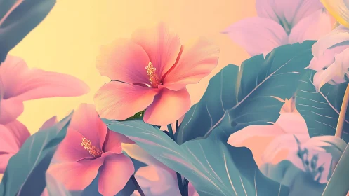 Soft tropical hibiscus bloom over teal banana leaves.