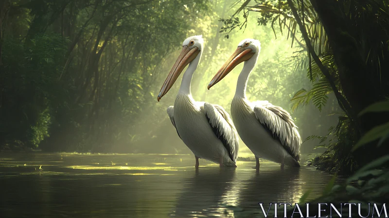 Three pelicans standing in shallow forest water at sunrise.