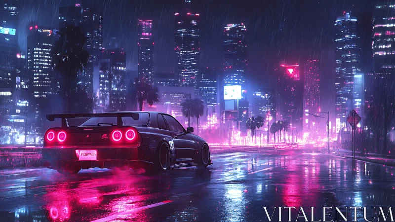 Neon street racer idles under rain in futuristic cityscape