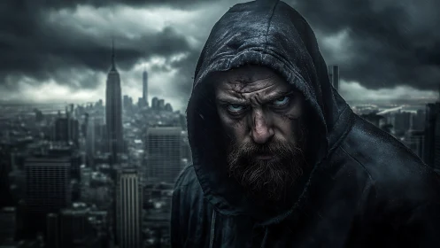 Weathered vigilante in a stormy city rooftop moment.