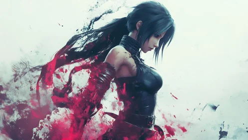 Brooding cyber warrior dissolving into crimson abstraction.