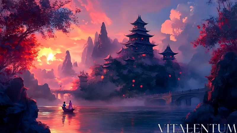 Luminous river approach to tiered mountain citadel at dusk.