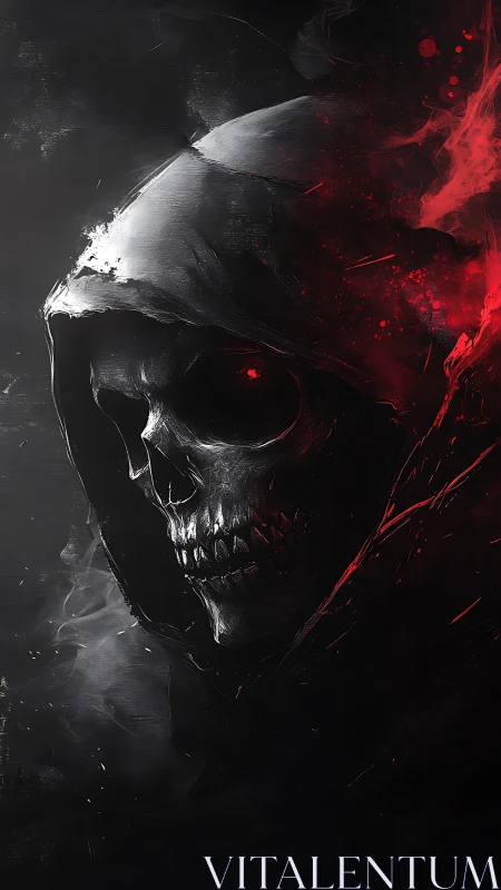 Hooded skeletal reaper emerges from shadow and crimson fire.