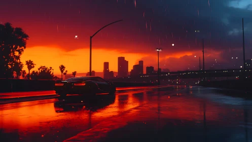 Sports car on wet city highway at red storm sunset. Period.