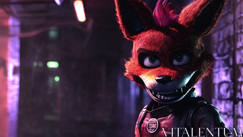 Cybernetic fox character stalks a neon alley at night