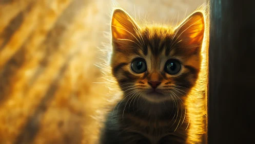 Golden-eyed tabby kitten peering through warm sunlit doorway