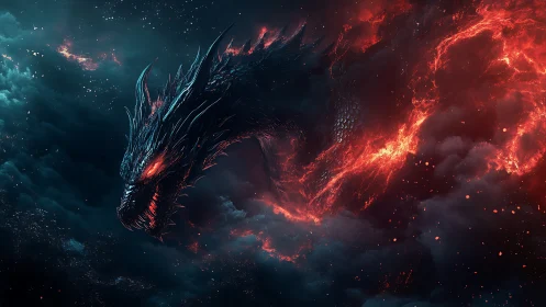 Fiery dragon spirit glides through stormy ash filled sky