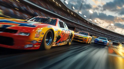 High-speed stock cars charging under sunset stadium lights.