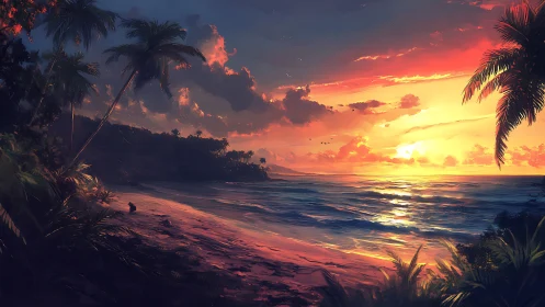 Radiant tropical sunset washes a palm-fringed shoreline in gold.