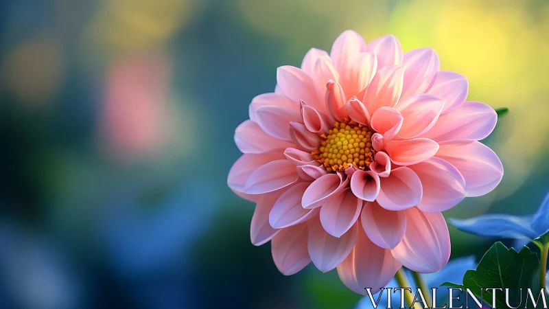 Soft pink dahlia macro portrait with creamy bokeh background.