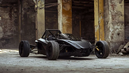 Photorealistic matte black track car in decayed industrial shell.