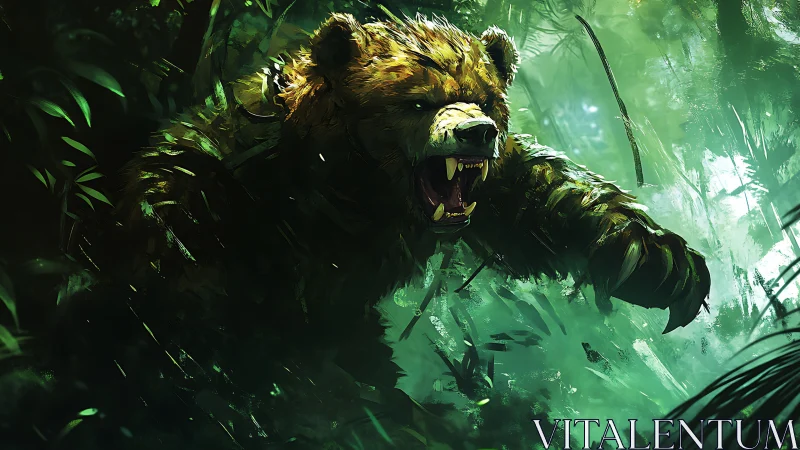 Ferocious forest bear lunges through glowing green jungle.