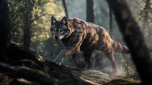 Predatory wolf advances through backlit forest with cinematic DOF