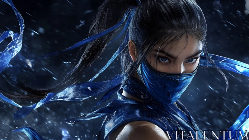 Fierce masked warrior wrapped in flowing blue energy.