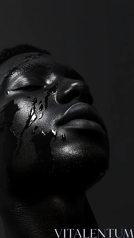 Black portrait in oil-slick gloss under dramatic side light.