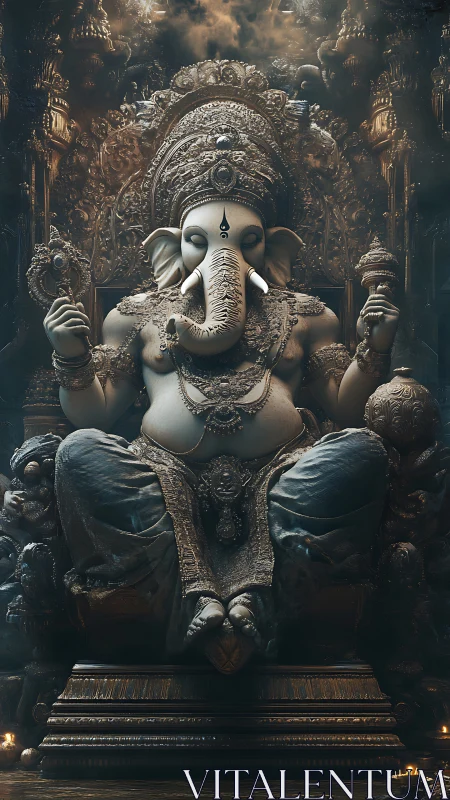 Majestic Ganesha idol sits on ornate throne under smoky glow