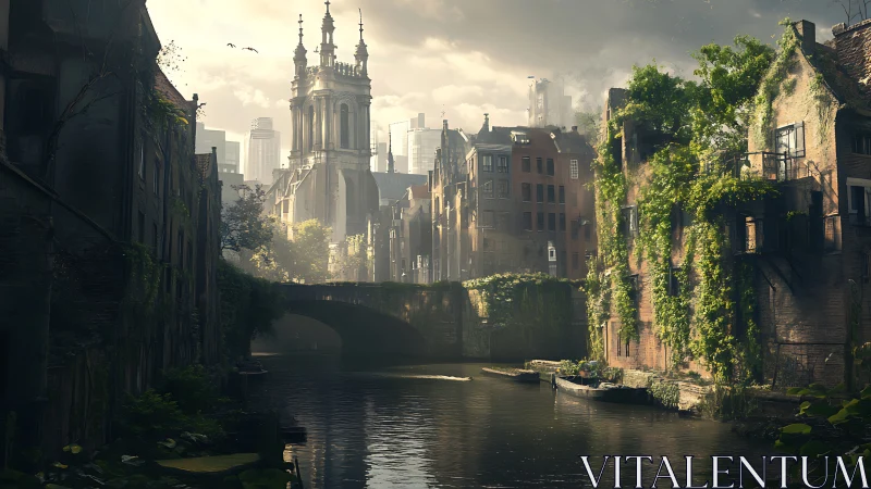 Sunlit canal city blends overgrown ruins with rising spires.
