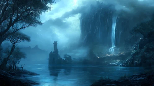 Moonlit waterfall valley cradles a lonely stone tower