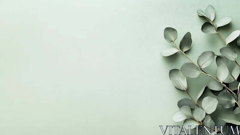 Eucalyptus branch rests on soft mint green textured surface.