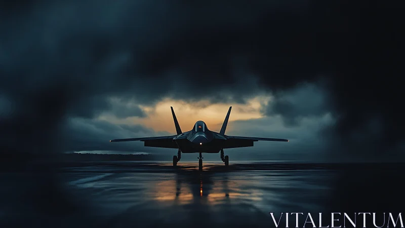 Stealth jet poised on wet runway under stormbreak dawn.