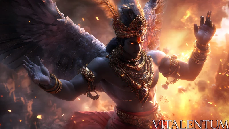 Winged mythic deity amid combustion plume, high-detail digital render.