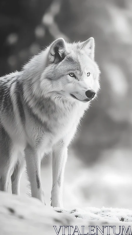 Snowlit sentinel wolf poised in a hush of winter silence.