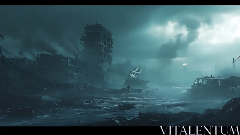 Flooded postwar ruin with central lone figure in toxic fog