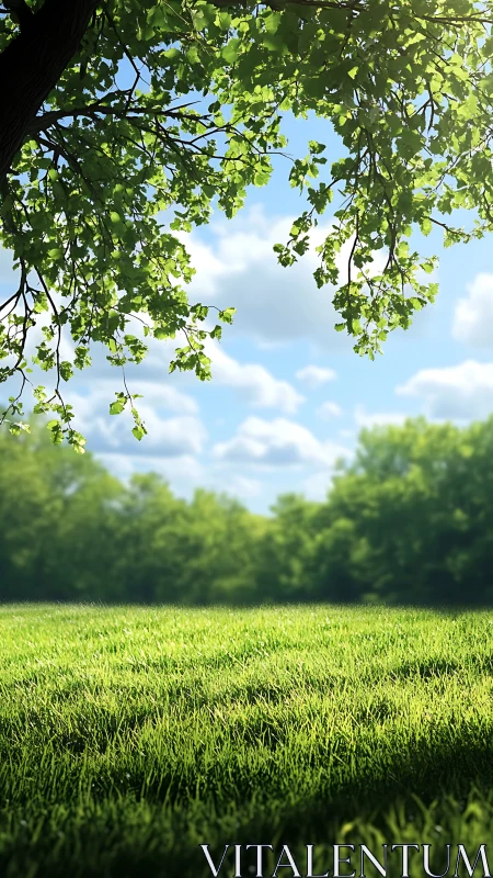 Sunlit park meadow under a gentle canopy of spring leaves.