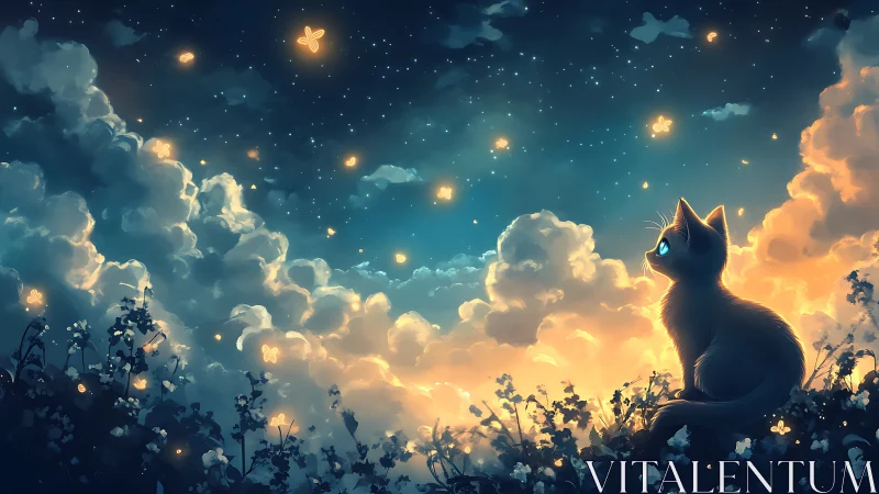 Celestial blue-eyed cat under bioluminescent night sky