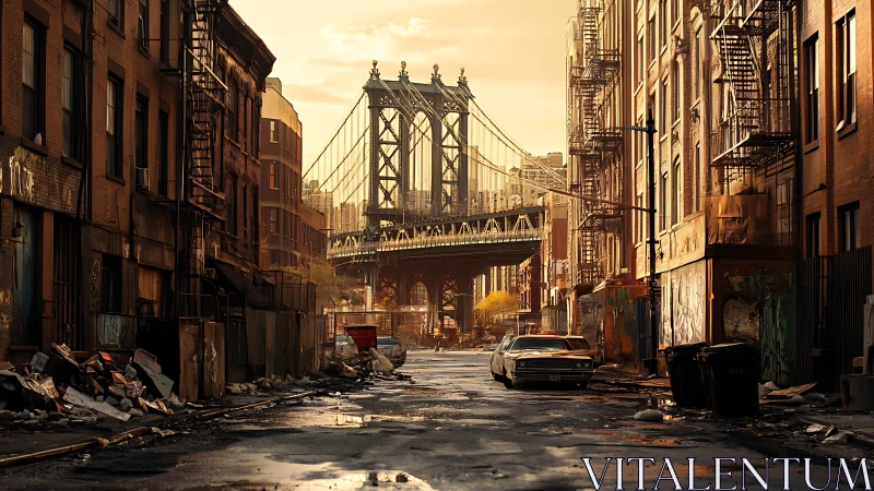 Cinematic urban street framing a distant suspension bridge at dusk