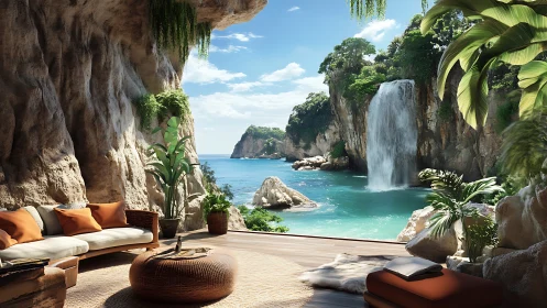 Cozy cliffside retreat with tranquil turquoise waterfall view.