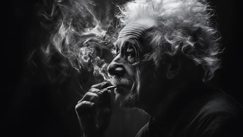 Smoky daydreams around a wild haired thinker in shadow.