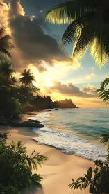 Golden hour surf along lush tropical palm shoreline.