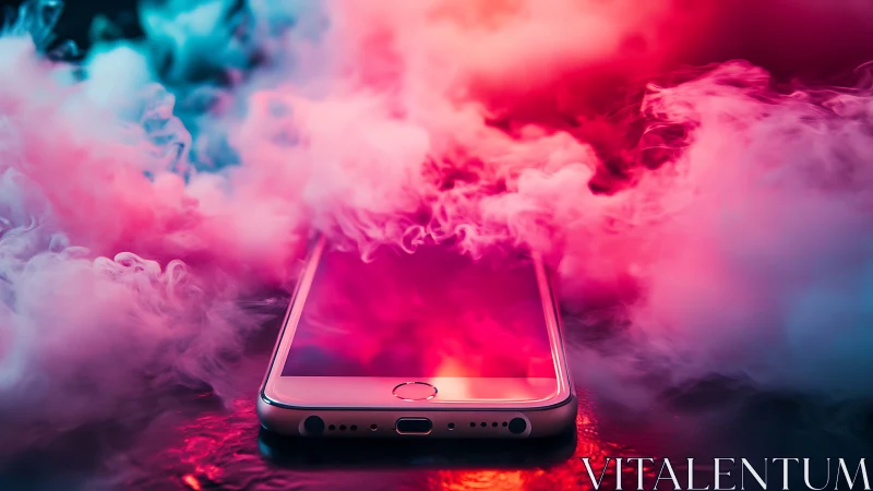Neon mist crowns a glowing smartphone like digital incense