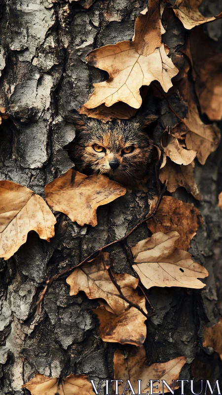 Feline camouflage integrated into bark and desiccated oak foliage.