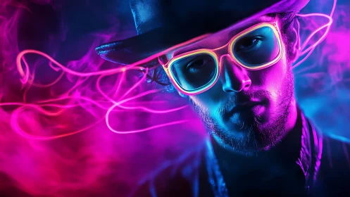 Man in neon glasses stands in vivid pink and blue light