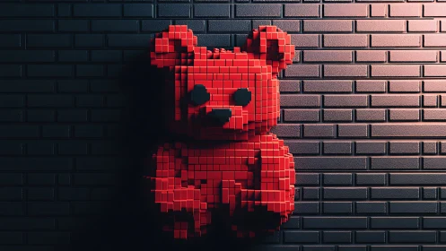 Voxel bear relief sculpture on dark brick wall in 3D lighting.