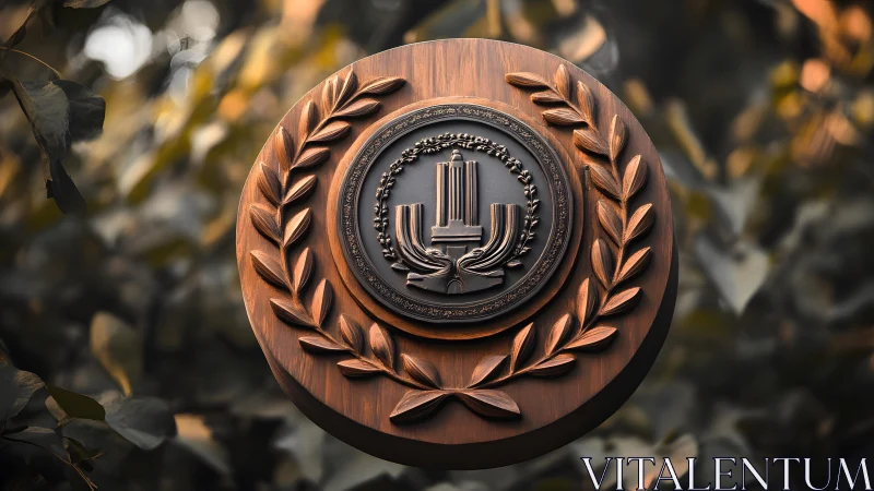 Wooden Academic Emblem with Laurel Wreath in Nature Setting.