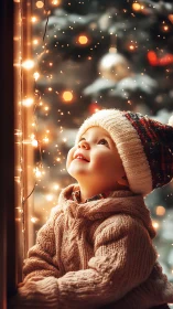Child near window observing seasonal lights indoors.