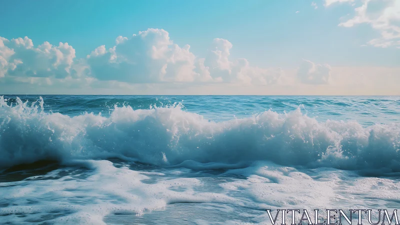 Bright turquoise surf crashes against tranquil sandy shoreline