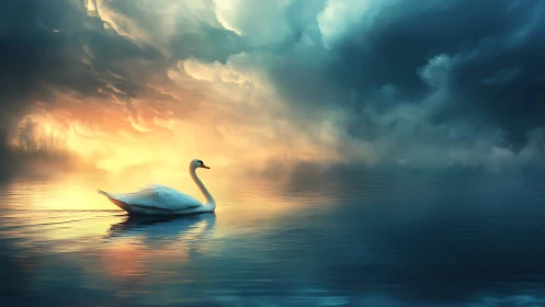 Solitary white swan on reflective lake under dense clouds.